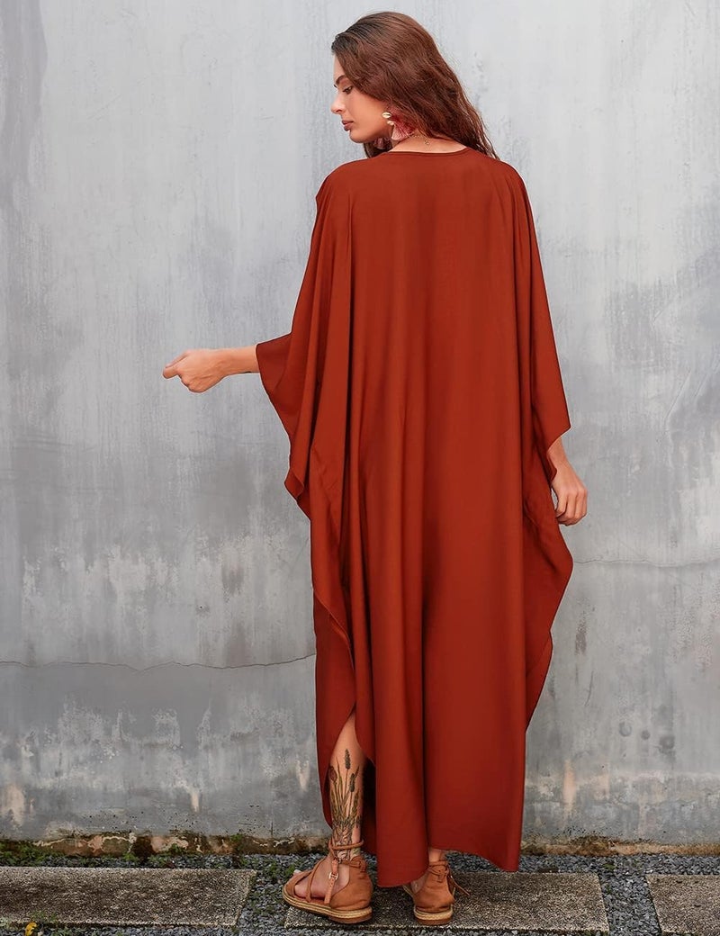 Bsubseach Women Solid Color Cover Up V Neck Batwing Sleeve Plus Size Beach Kaftan Dresses - Image 5